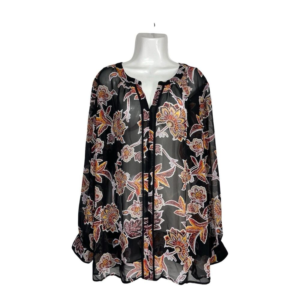 Liz Claiborne 2X Blouse Black Long Sleeve Floral Sheer Tunic Top Career Boho